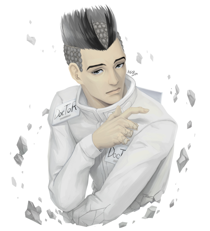 1boy, artist_name, black_eyes, black_hair, commentary_request, cracked_skin, grey_hair, high_collar