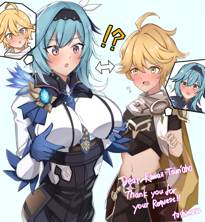 :o, adapted_costume, aether_(genshin_impact), alternate_breast_size_(larger), artist_name, ass, belt, black_headband, black_shorts, blonde_hair, blue_gloves, blue_hair, blue_necktie, blush, body_switch, breasts, brown_belt, brown_pants, brown_shirt, commission, commissioner_name, cropped_shirt, cryo_symbol_(genshin_impact), double-parted_bangs, eula_(genshin_impact), flying_sweatdrops, genshin_impact, gloves, hair_between_eyes, hand_up, hands_up, headband, high-waist_shorts, highres, huge_breasts, impossible_clothes, impossible_shirt, long_sleeves, looking_at_another, looking_at_breasts, looking_down, medium_hair, messy_hair, midriff, multicolored_eyes, necktie, notice_lines, open_mouth, pants, personality_switch, scarf, shirt, short_hair, shorts, simple_background, skeb_commission, toshima19699496, two-tone_eyes, upper_body, violet_eyes, vision_(genshin_impact), watermark, white_background, white_scarf, white_shirt, yellow_eyes