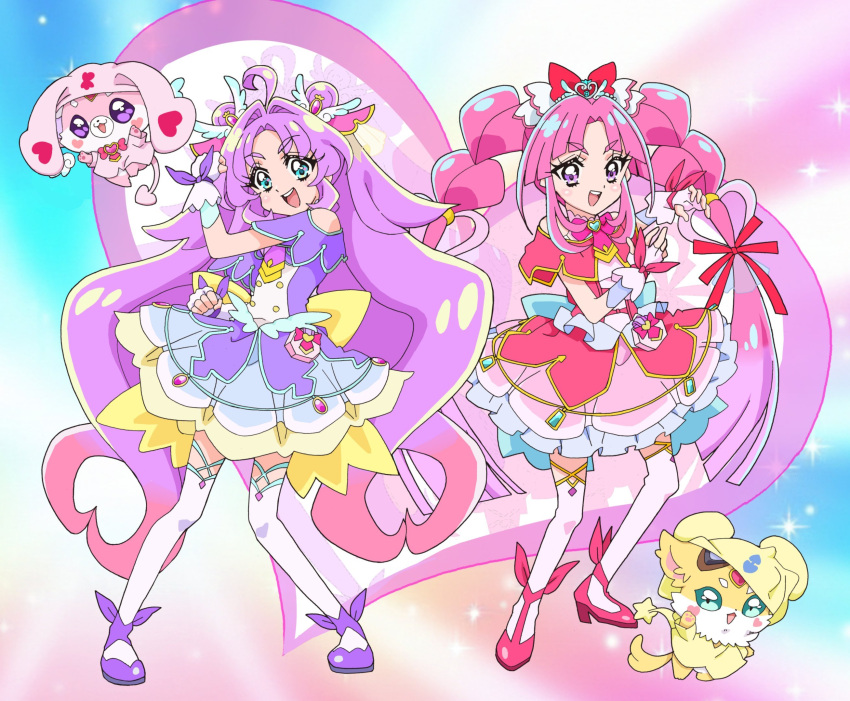 2girls, :d, ahoge, aqua_eyes, aqua_trim, back_bow, bare_shoulders, blue_bow