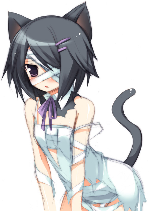 ar_tonelico, ar_tonelico_iii, bandage, bandage_over_one_eye, bandages, bare_shoulders, black_hair, bow