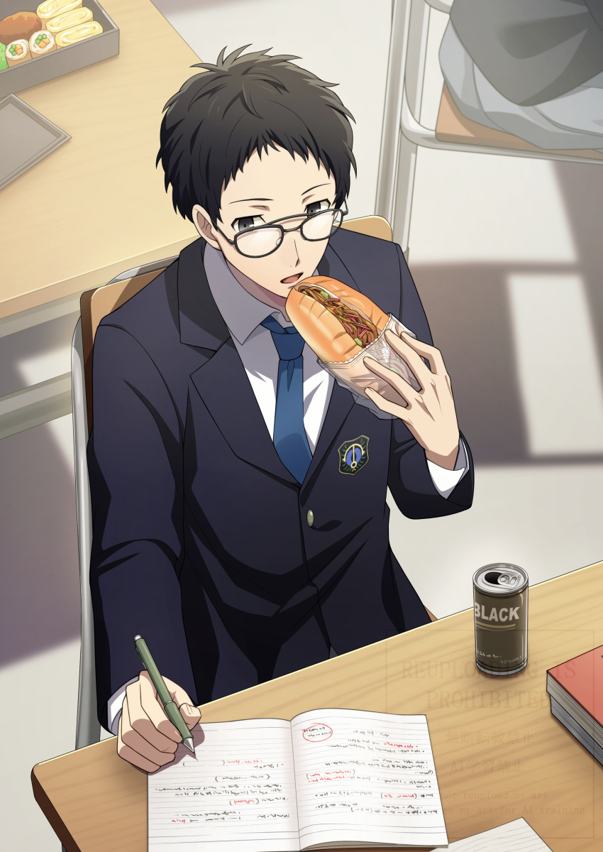 1boy, absurdres, adachi_tooru, bento, black_eyes, black_hair, black_jacket, blue_necktie
