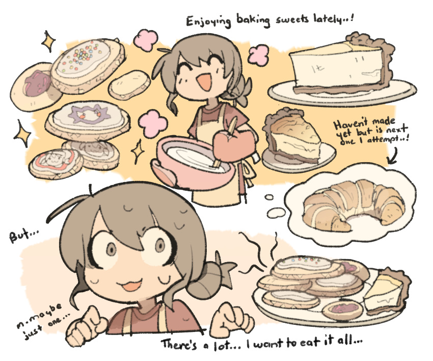 1girl, ^_^, absurdres, apron, arrow_(symbol), artist_self-insert, baking, batter, bowl, brown_hair, closed_eyes, commentary, cookie, croissant, english_commentary, english_text, food, hair_bun, highres, holding, holding_bowl, hungry, mixing, mixing_bowl, multiple_views, open_mouth, original, oven_mitts, pie, pie_slice, plate, red_oven_mitts, red_shirt, shirt, short_sleeves, single_hair_bun, smile, sparkle, speech_bubble, temmie_chang, temmie_chang_(character), thought_bubble, yellow_apron