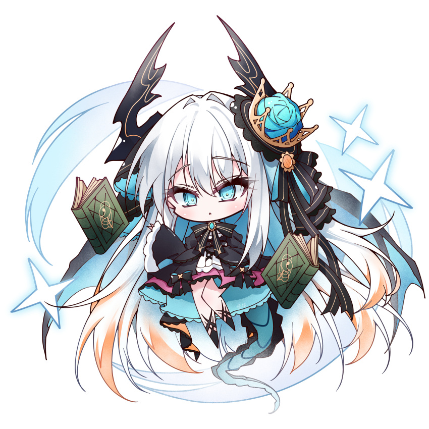 1girl, absurdres, black_bow, book, bow, bowtie, chibi, chibi_only
