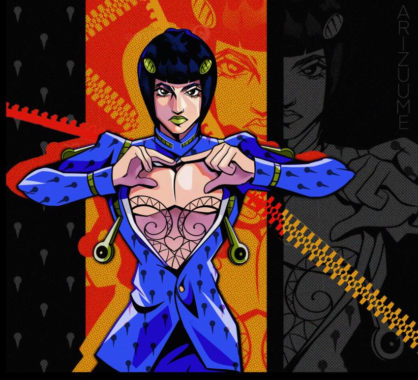 1boy, arizuume, black_eyes, black_hair, blue_jacket, blunt_bangs, bob_cut, bruno_bucciarati