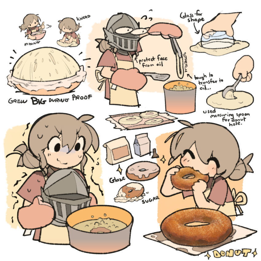 1girl, ^_^, absurdres, apron, arrow_(symbol), artist_self-insert, bag, baking