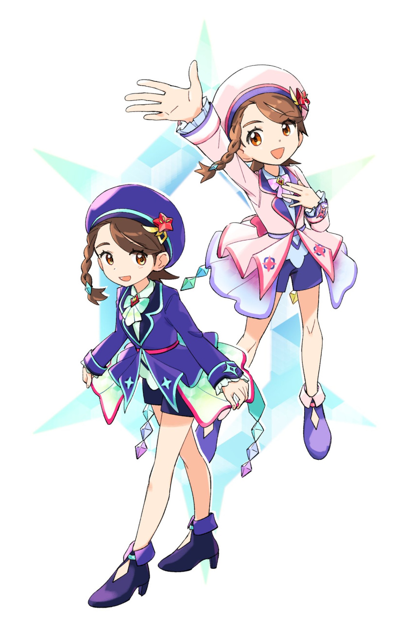 1girl, arm_up, blue_hat, bow, bowtie, braid, brown_eyes, brown_hair, hair_ornament, hand_on_own_chest, hat, hat_ornament, high_heels, highres, juliana_(anniversary_2026)_(pokemon), juliana_(pokemon), long_sleeves, multiple_views, nekoniko777, official_alternate_color, open_mouth, pink_hat, pokemon, pokemon_masters_ex, pokemon_sv, short_shorts, shorts, simple_background, standing, star_(symbol), star_hat_ornament, white_hat