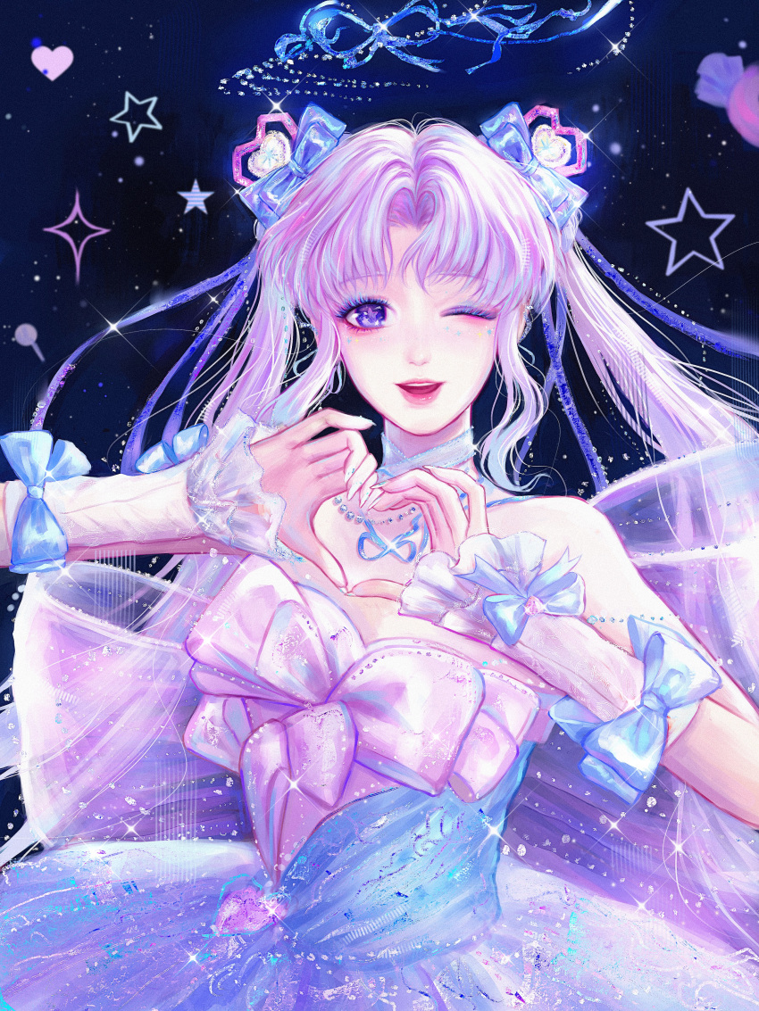 1girl, absurdres, arm_warmers, back_bow, blue_bow, blue_dress, blue_eyeshadow, blue_halo