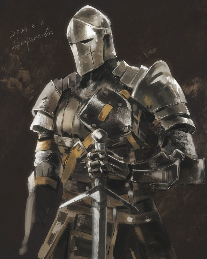 1other, 3583367063_xd, armor, artist_name, black_background, breastplate, cowboy_shot, dated