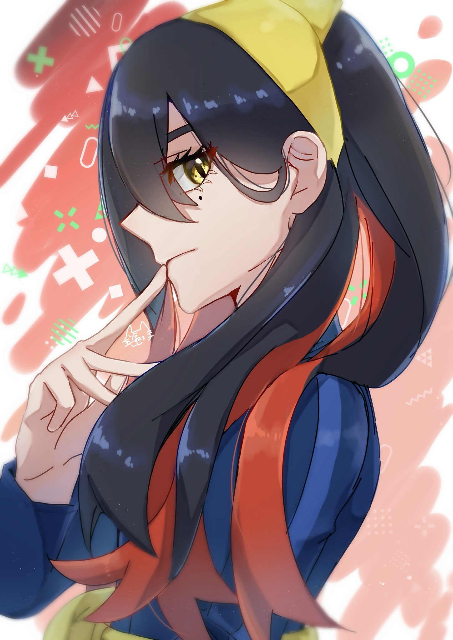 1girl, 3q_vbp_poke, black_hair, blue_jacket, carmine_(pokemon), closed_mouth, colored_inner_hair, commentary_request