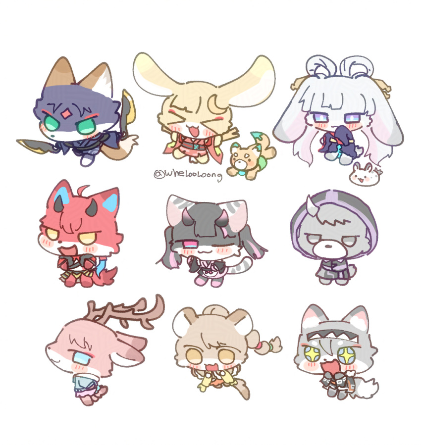 >_<, +_+, 3boys, 6+girls, animal_crossing, animal_ears, animalization, antlers, ayatsumugi_roka, blue_eyes, blush, chibi, cho_kaguya-hime!, chuken_otako, commentary_request, dual_wielding, forehead_jewel, furry, fushi_(cho_kaguya-hime!), green_eyes, grey_eyes, holding, holding_weapon, horns, inudoge, isayama_mami, kaguya_(cho_kaguya-hime!), komazawa_noi, komazawa_rai, korean_commentary, mikado_akira_(cho_kaguya-hime!), multicolored_eyes, multiple_boys, multiple_girls, one_eye_closed, open_mouth, rabbit_ears, runami_yachiyo, sakayori_iroha, twitter_username, violet_eyes, weapon, wheloo3rd, white_background, yellow_eyes