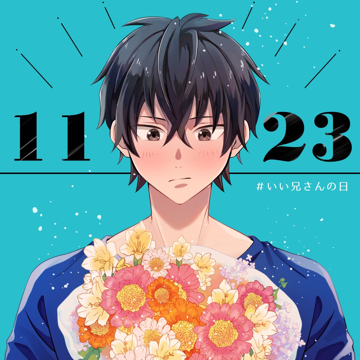 1boy, artist_request, black_hair, blue_shirt, blush, bouquet, brown_eyes, closed_mouth