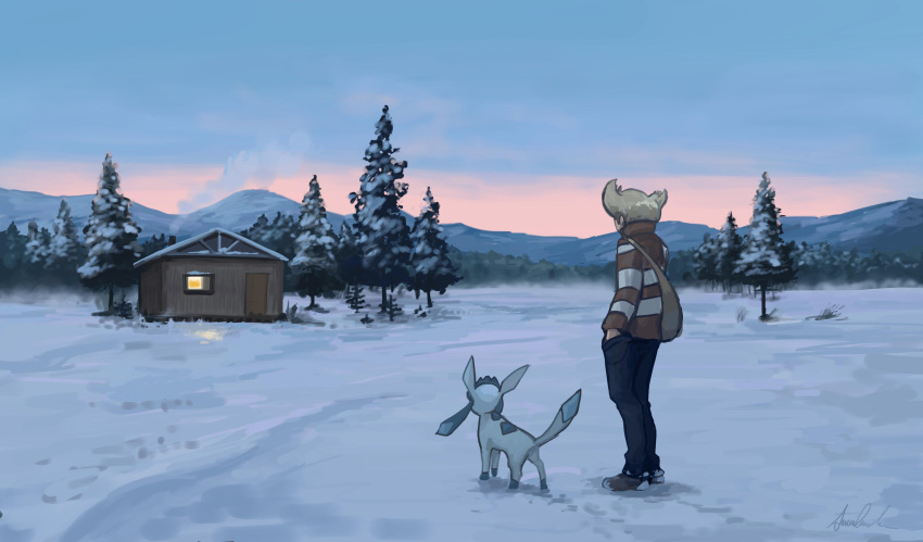 1boy, absurdres, bag, barry_(pokemon), blonde_hair, building, cabin, from_behind, glaceon, hand_in_pocket, highres, jacket, long_sleeves, male_focus, morning, mountain, outdoors, oxiori, pants, pokemon, pokemon_(creature), pokemon_dppt, pokemon_platinum, scenery, signature, smoke, snow, standing, striped_clothes, striped_jacket, sunrise, tree