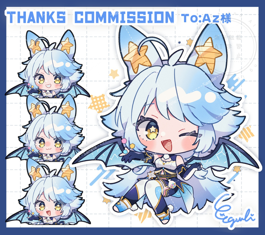 1girl, :3, :d, ;d, ahoge, animal_ears, aztralbat, bare_shoulders, bat_ears, bat_girl, blue_border, blue_hair, blue_shoes, blue_skirt, blue_sleeves, blush_stickers, border, chibi, chibi_only, closed_mouth, commentary, commission, commissioner_name, detached_sleeves, drop_shadow, egissi, fangs, full_body, grid_background, grin, highres, indie_virtual_youtuber, long_hair, long_sleeves, looking_at_viewer, multiple_views, one_eye_closed, open-toe_shoes, open_mouth, outline, outside_border, sample_watermark, shirt, shoes, signature, skeb_commission, skirt, smile, star-shaped_pupils, star_(symbol), symbol-shaped_pupils, thank_you, thigh-highs, virtual_youtuber, watermark, watermark_grid, white_background, white_outline, white_shirt, white_thighhighs, yellow_eyes