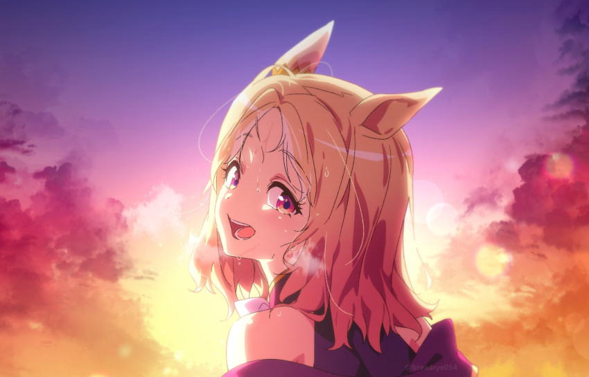 1girl, animal_ears, anime_coloring, bare_shoulders, blonde_hair, breadrye, breath, exhausted
