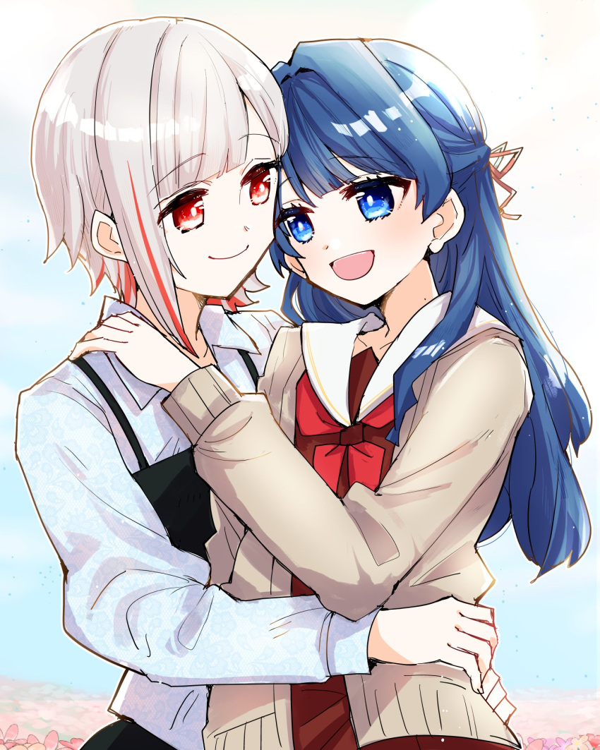 2girls, :d, black_camisole, blue_eyes, blue_hair, blue_ribbon, brown_cardigan, brown_dress, camisole, camisole_over_clothes, cardigan, closed_mouth, collarbone, collared_shirt, commentary_request, dollchestra, dress, eye_contact, field, flower, flower_field, hair_ribbon, half_updo, hand_on_another's_shoulder, hasu_no_sora_school_uniform, highres, hug, kanduki_kamibukuro, link!_like!_love_live!, long_sleeves, looking_at_another, love_live!, mole, mole_on_neck, multicolored_hair, multiple_girls, murano_sayaka, neckerchief, open_cardigan, open_clothes, open_mouth, pink_flower, red_neckerchief, red_ribbon, red_streaks, ribbon, sailor_collar, sailor_dress, school_uniform, shirt, smile, streaked_hair, upper_body, virtual_youtuber, white_hair, white_sailor_collar, white_shirt, winter_uniform, yugiri_tsuzuri, yuri