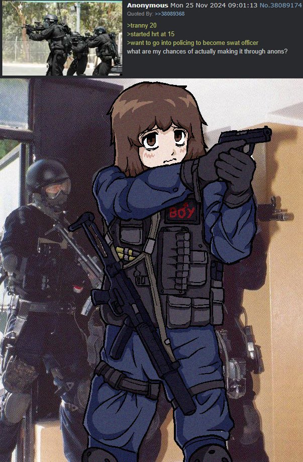 1girl, 2024, 2boys, 3:, 4chan, 4chan_(/lgbt/), bags_under_eyes, black_gloves, blue_jumpsuit, boymoder, brown_hair, bulletproof_vest, closed_mouth, clothes_writing, commentary, cowboy_shot, dated, empty_eyes, english_commentary, english_text, film_grain, frown, gloves, gun, hair_between_eyes, handgun, hands_up, holding, holding_gun, holding_weapon, jumpsuit, looking_ahead, mars_symbol, multiple_boys, olditach9375, original, photo_background, police, police_uniform, profanity, raised_inner_eyebrows, screenshot_inset, short_hair, solo_focus, standing, tareme, two-handed, wavy_mouth, weapon