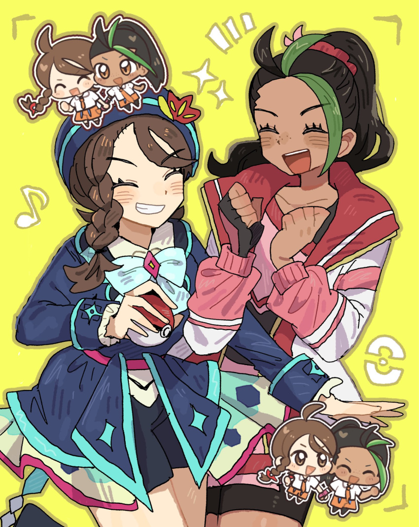 :d, black_bodysuit, black_gloves, black_hair, blue_jacket, blue_shorts, blush, bodysuit, braid, brown_eyes, brown_hair, chibi, chibi_inset, clenched_hands, closed_eyes, dark-skinned_female, dark_skin, fingerless_gloves, freckles, gloves, green_hair, hair_ornament, hairclip, han0579, hat, highres, holding, holding_hands, holding_poke_ball, jacket, juliana_(anniversary_2026)_(pokemon), juliana_(pokemon), long_hair, long_sleeves, multicolored_hair, multiple_views, musical_note, naranja_academy_school_uniform, necktie, nemona_(pokemon), nemona_(sygna_suit)_(pokemon), official_alternate_costume, open_clothes, open_jacket, open_mouth, orange_eyes, orange_necktie, orange_shorts, pink_jacket, poke_ball, poke_ball_symbol, pokemon, pokemon_masters_ex, ponytail, purple_hat, school_uniform, shirt, short_hair, shorts, single_braid, single_glove, smile, teeth, two-tone_hair, viewfinder, white_shirt, yellow_background