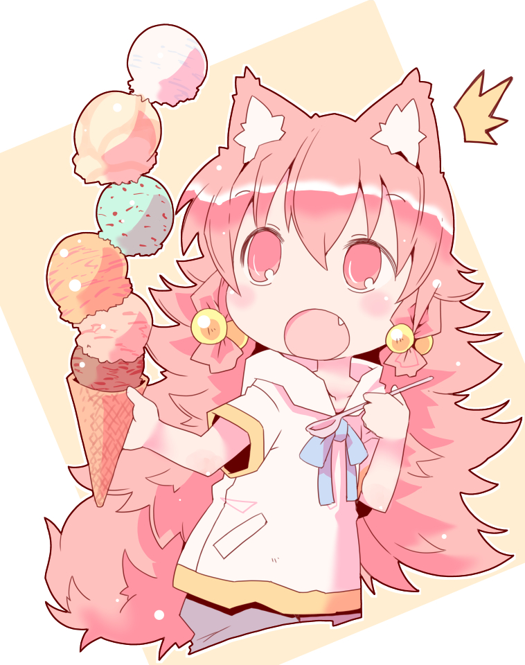 1girl, :o, ^^^, animal_ear_fluff, animal_ears, black_shorts, blush, commentary_request, cropped_legs, fang, food, fox_ears, fox_girl, fox_tail, hair_between_eyes, hair_bobbles, hair_ornament, holding, holding_food, holding_ice_cream, holding_spoon, hood, hood_down, hoodie, ice_cream, long_hair, multiple_scoops, nomeoil, open_mouth, original, outline, pink_eyes, pink_hair, short_sleeves, shorts, solo, spoon, tail, too_many, too_many_scoops, white_hoodie, white_outline, yellow_background