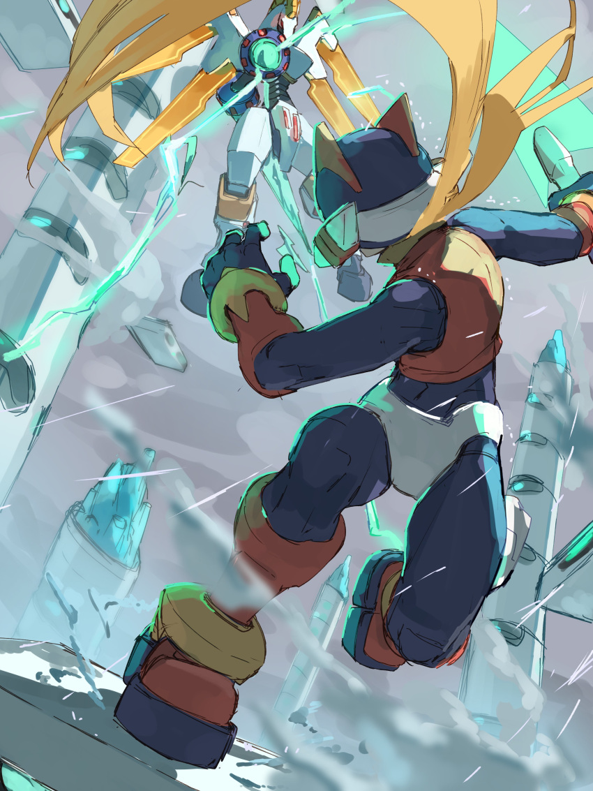 absurdres, arm_cannon, armor, blonde_hair, character_request, commentary_request, energy_sword, helmet