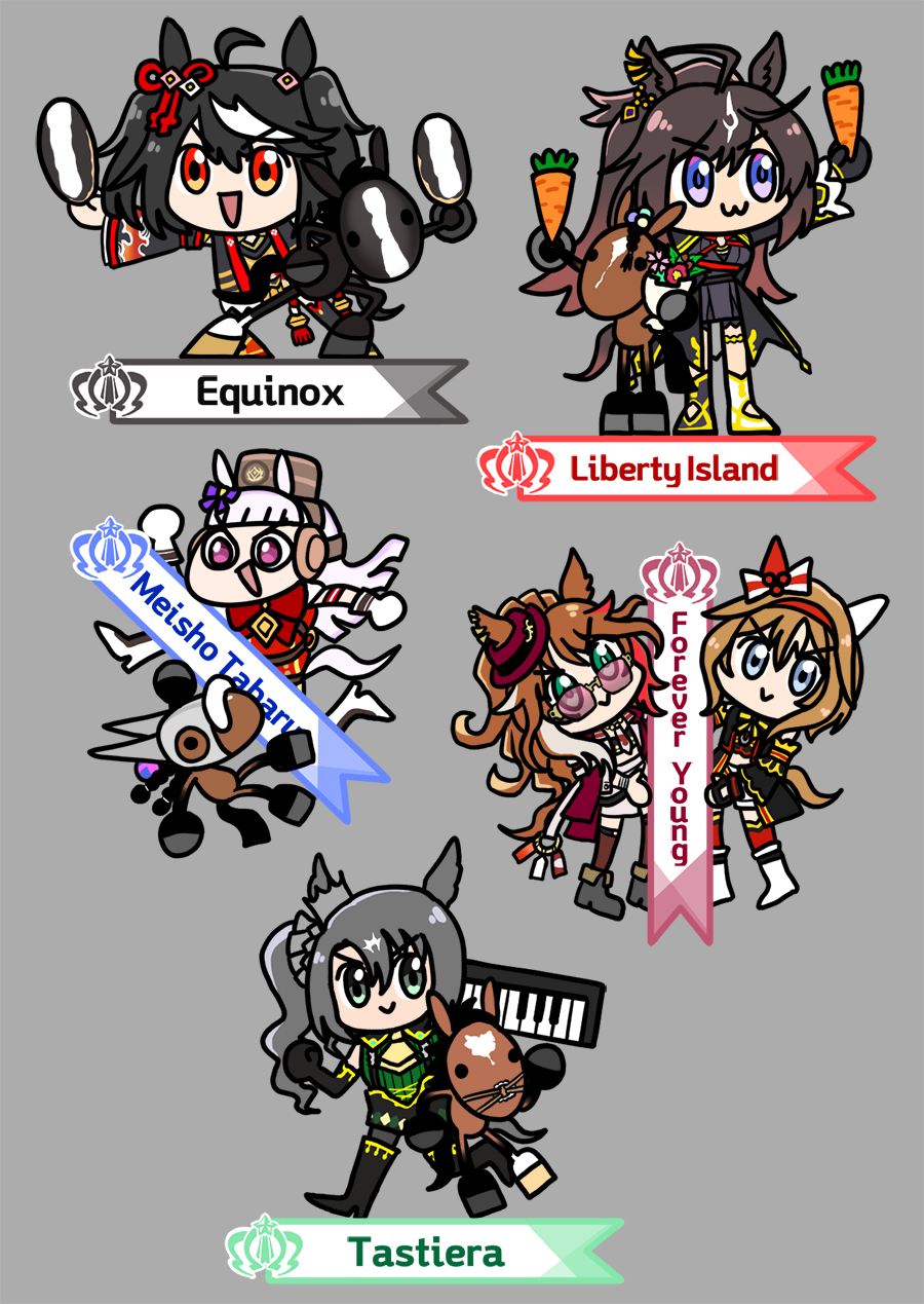 6+girls, ahoge, almondjelly, animal_ears, black_hair, blue_eyes, brown_hair, commentary_request, duramente_(red_in_black)_(umamusume), duramente_(umamusume), ear_ornament, forever_young_(umamusume), genjitsu_steel_(umamusume), gold_ship_(red_strife)_(umamusume), gold_ship_(umamusume), green_eyes, grey_hair, hair_between_eyes, hair_ornament, hat, headband, highres, horse_ears, horse_girl, horse_tail, kitasan_black_(crowning_ooban)_(umamusume), kitasan_black_(umamusume), korean_commentary, long_hair, multicolored_hair, multiple_girls, official_alternate_costume, open_mouth, red_eyes, satono_crown_(emerald_journey)_(umamusume), satono_crown_(umamusume), short_hair, side_ponytail, smile, streaked_hair, sunglasses, tail, umamusume, umamusume_horse_relations, white_hair