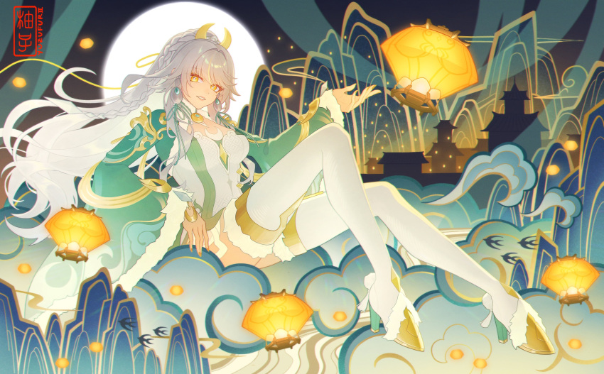 1girl, absurdres, boots, braid, chinese_clothes, clouds, commentary, crescent