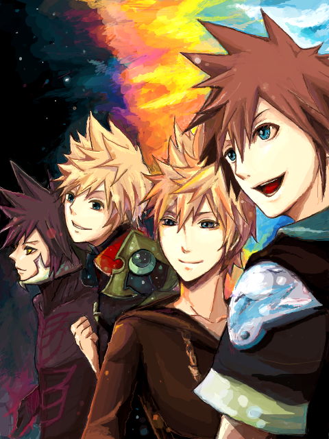 bad_id, black_hair, blonde_hair, blue_eyes, brown_hair, cloak, kingdom_hearts, kingdom_hearts_birth_by_sleep, multiple_boys, roxas, sdhh, sora_(kingdom_hearts), spoilers, tegaki, vanitas, ventus, yellow_eyes