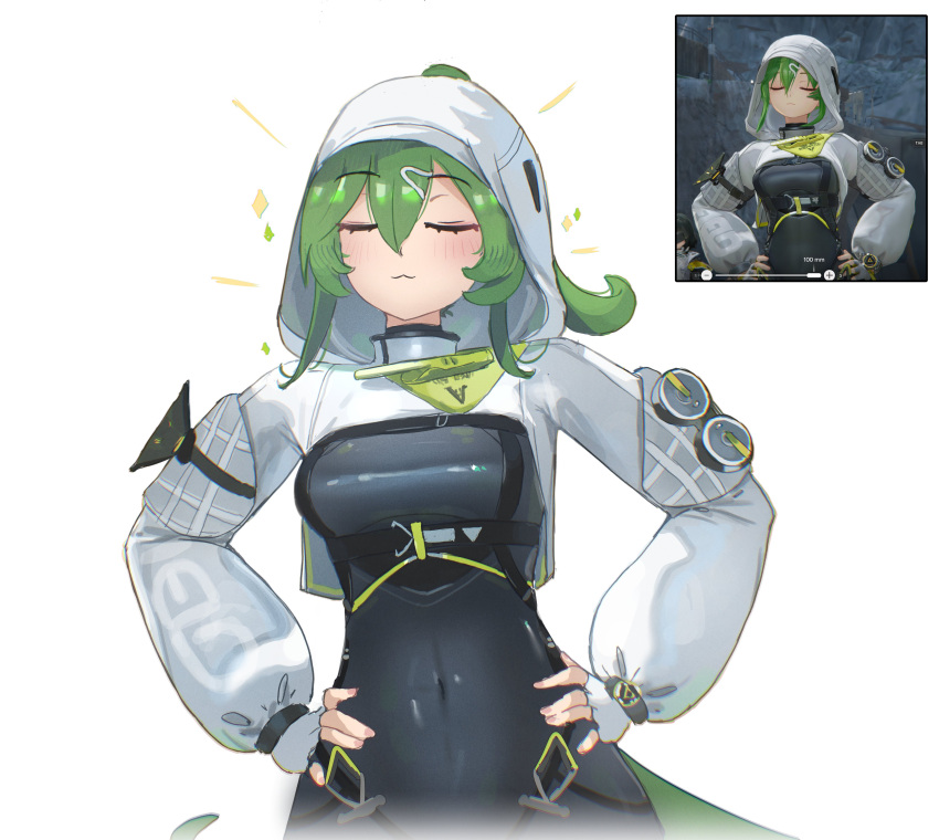 1girl, :3, absurdres, arknights, arknights:_endfield, black_bodysuit, bodysuit, chest_harness