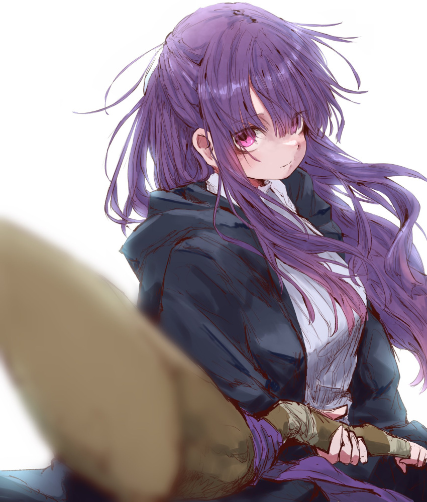 1girl, aiming, aiming_at_viewer, black_coat, blurry, coat, commentary, depth_of_field, dress, eyes_visible_through_hair, fern_(sousou_no_frieren), highres, holding, holding_staff, long_hair, long_sleeves, looking_at_viewer, marudoll, purple_hair, sidelocks, solo, sousou_no_frieren, staff, untranslatable_commentary, violet_eyes, white_background, white_dress