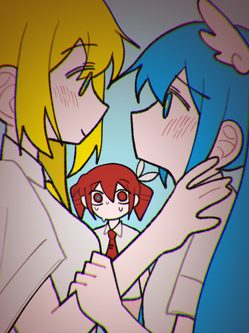 3girls, akita_neru, angel_wings, baumkuchen_endroll_(vocaloid), blonde_hair, blue_background, blue_eyes, blue_hair