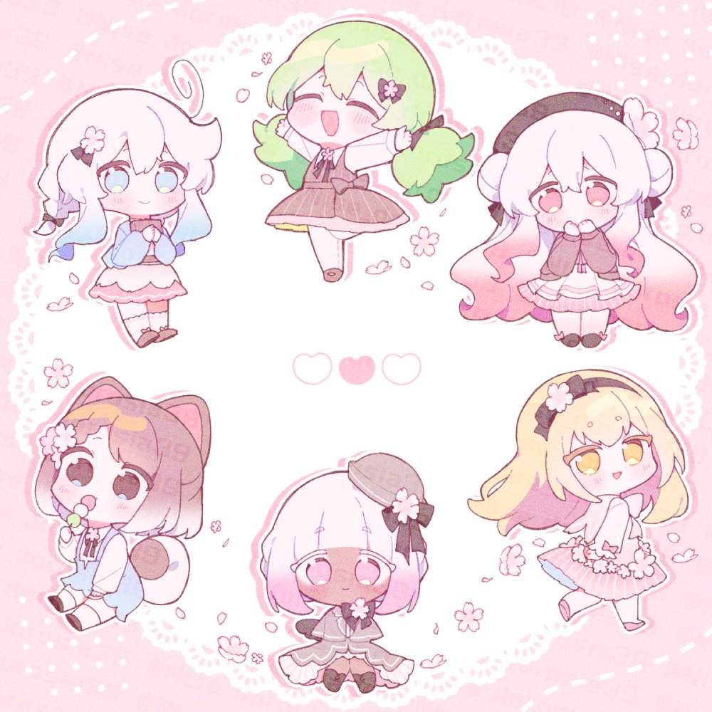 6+girls, :d, ^_^, animal_ears, black_hairband, black_hat, black_shoes, blonde_hair