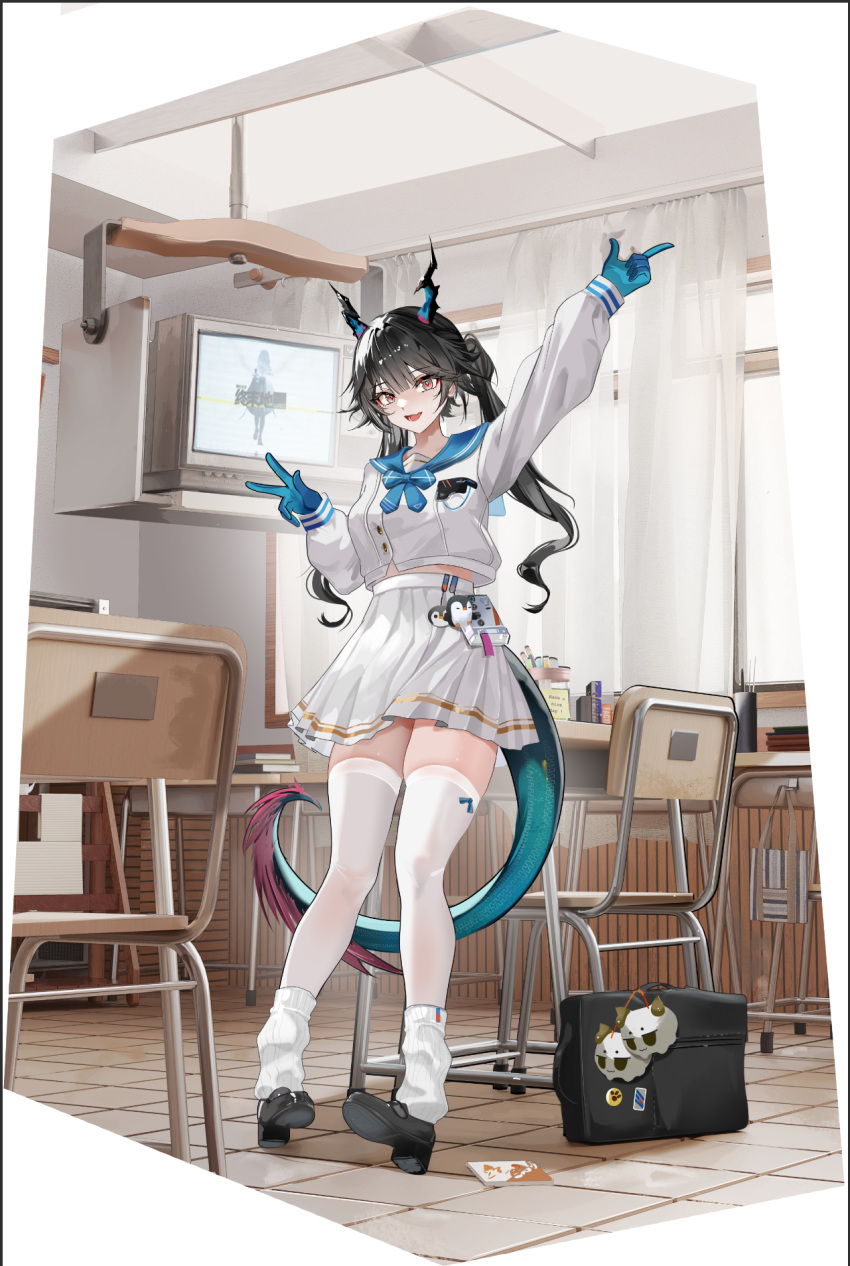 1girl, arknights, arknights:_endfield, black_hair, blue_gloves, blue_sailor_collar, chen_qianyu_(arknights), classroom, commentary_request, dragon_bean_(arknights), dragon_girl, dragon_horns, dragon_tail, eastern_dragon_horns, eastern_dragon_tail, full_body, gloves, highres, horns, indoors, loafers, long_hair, loose_socks, pigeon-toed, pleated_skirt, sabou_san-shitsu_kokoro, sailor_collar, school_uniform, serafuku, shoes, sidelocks, skirt, socks, solo, tail, thigh-highs, twintails, v, white_serafuku, white_skirt, white_thighhighs, zettai_ryouiki