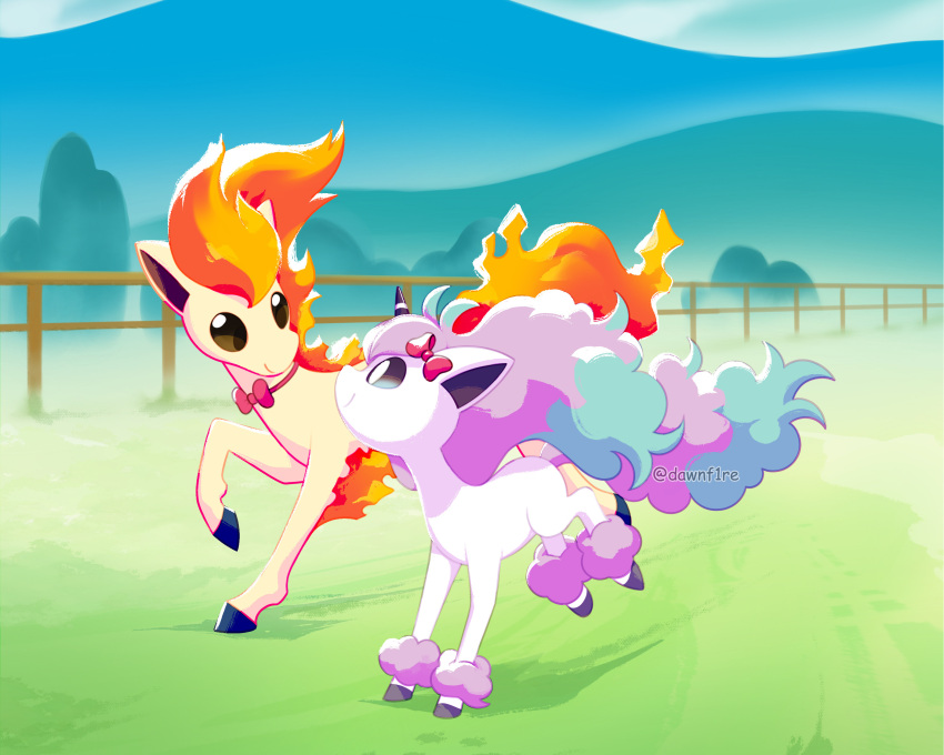 absurdres, aqua_hair, dawnf1re, day, fence, fire, galarian_ponyta, grass