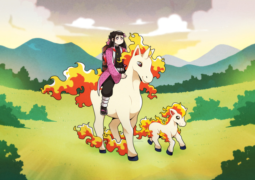 absurdres, black_hair, bush, crossover, day, evolutionary_line, fire, grass, highres, horns, horseback_riding, kamado_nezuko, kimetsu_no_yaiba, long_hair, mountainous_horizon, outdoors, pokemon, pokemon_(creature), ponyta, rapidash, riding, single_horn, studiompup, white_fur