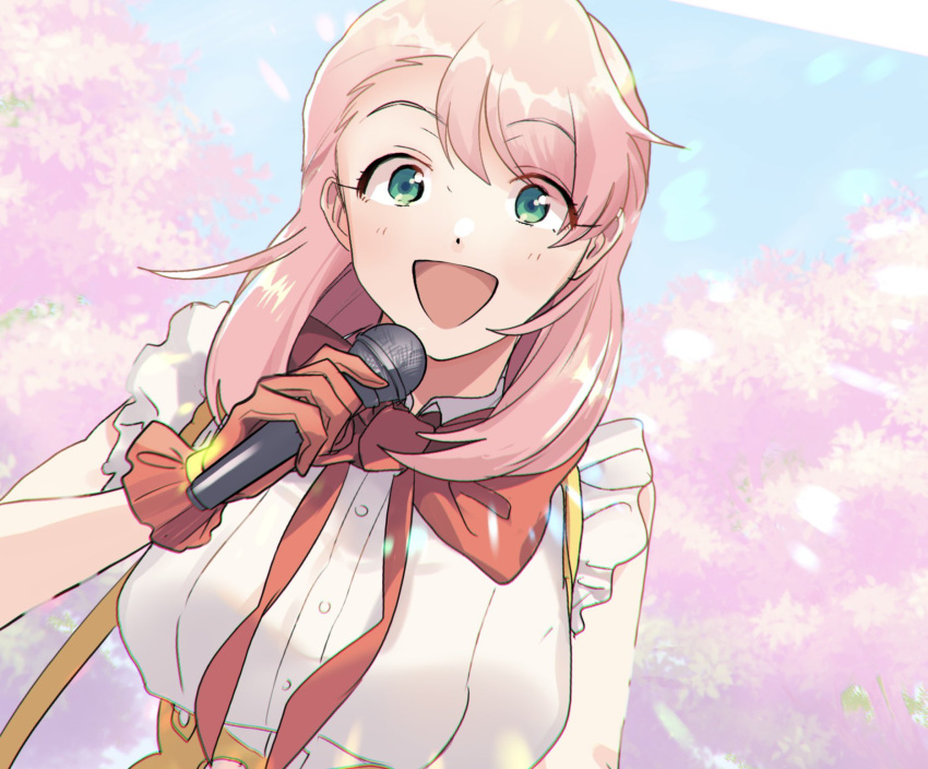 1girl, blush, bow, breasts, commentary_request, gloves, green_eyes, highres