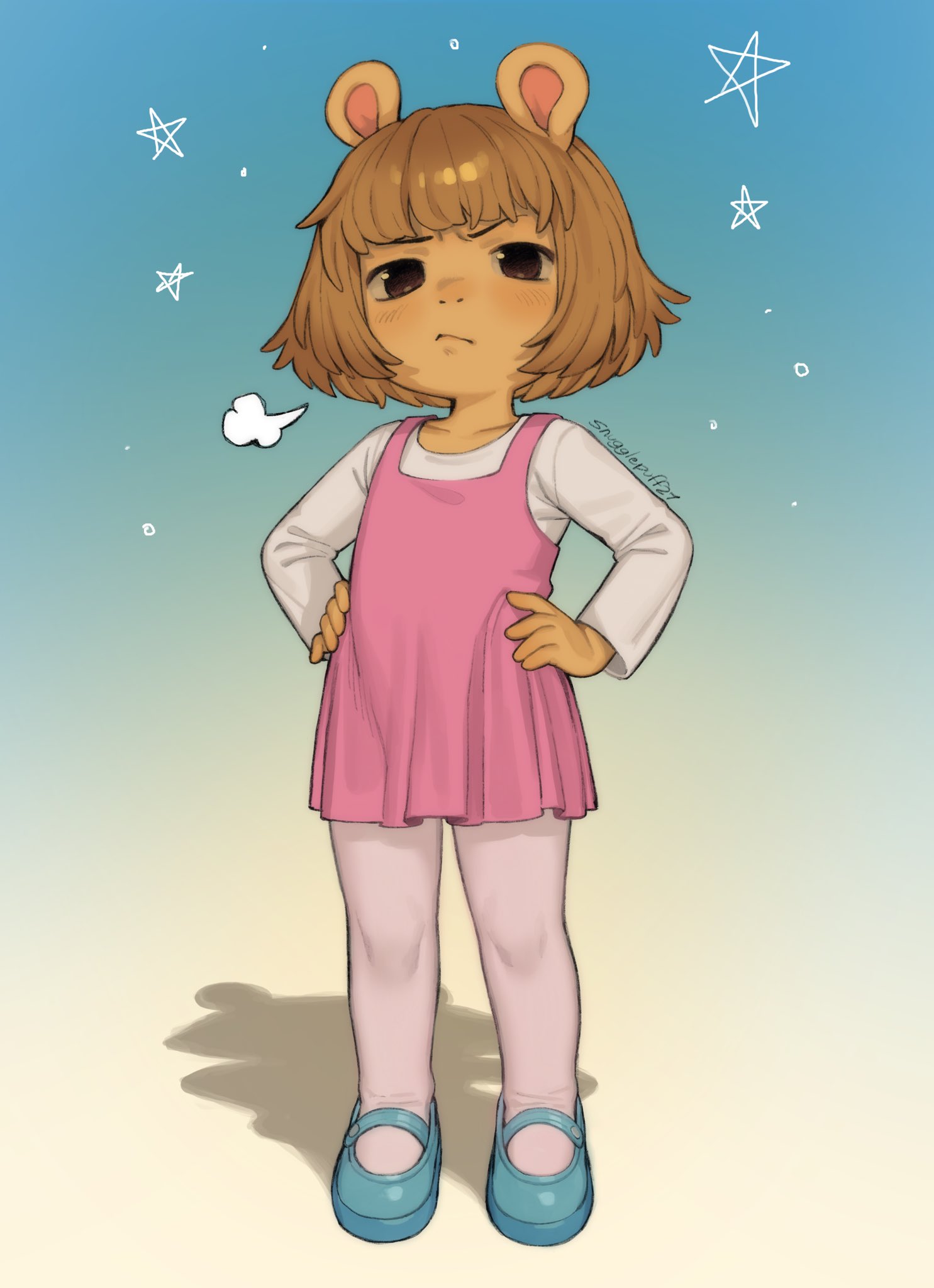 1girl, animal_ears, animification, arthur_(series), blue_shoes, bob_cut, body_fur, brown_eyes