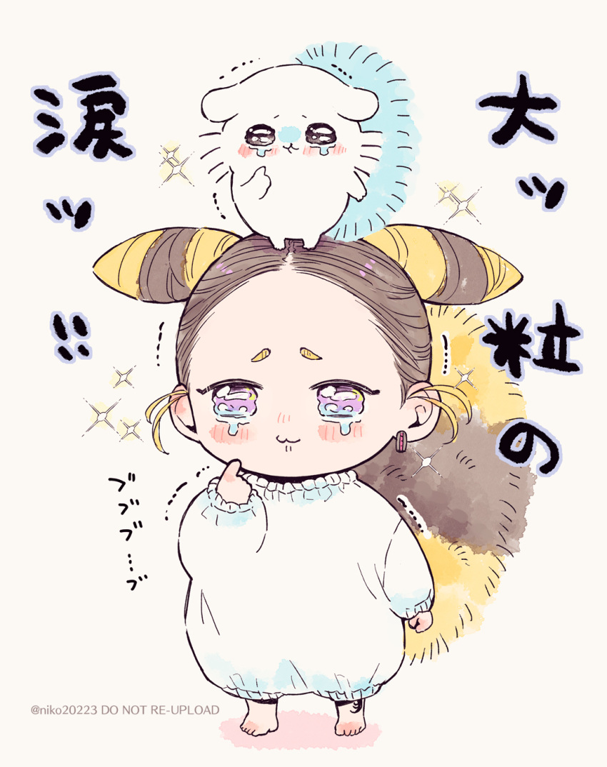 1boy, 1other, aged_down, alternate_costume, animal_ears, blonde_hair, blue_eyes, brown_hair, chiikawa, child, commentary_request, flying_squirrel, haitani_ran, highres, long_hair, long_sleeves, male_focus, momonga_(chiikawa), multicolored_hair, niko20223, simple_background, squirrel, squirrel_ears, squirrel_tail, streaked_hair, tail, tears, tokyo_revengers, two-tone_hair, violet_eyes, white_background