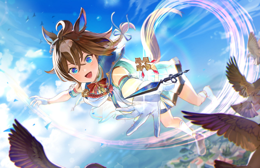 8_utauyo, absurdres, ahoge, animal_ears, bird, blue_eyes, blue_sky, blush