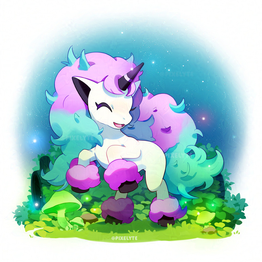 aqua_hair, closed_eyes, commentary, english_commentary, galarian_ponyta, glowing_mushroom, grass, horns
