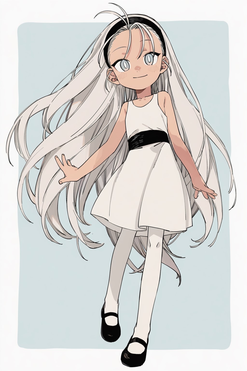 1girl, ai-assisted, bell_(ppgd), black_hairband, black_shoes, blue_background, colokhan, commentary