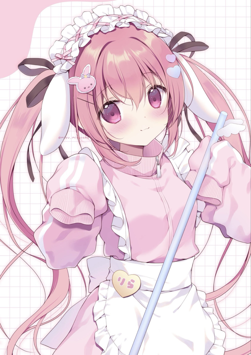 1girl, animal_ears, apron, blush, brown_ribbon, chimaki-chan, closed_mouth, commentary_request