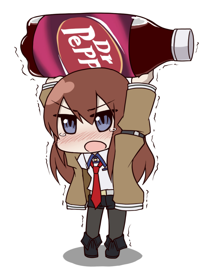 black_legwear, blue_eyes, blush, brown_hair, carrying, carrying_overhead, chibi, dr_pepper