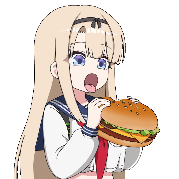 animated, animated_gif, bag, blonde_hair, blue_eyes, blue_sailor_collar, breasts, burger, chaos_zero_nightmare, crop_top, eating, food, hair_ornament, hairband, haru_(chaos_zero_nightmare), hungry, jaxelev, long_sleeves, midriff, neckerchief, necktie, pocket, red_necktie, sailor_collar, school_uniform, shoulder_bag, transparent_background
