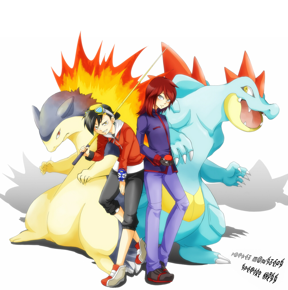 2boys, alternate_costume, baseball_cap, black_hair, cue_stick, feraligatr, gloves, goggles, gold_(pokemon), grey_eyes, hat, holding, holding_poke_ball, minto, multiple_boys, poke_ball, pokegear, pokemon, pokemon_(creature), pokemon_(game), pokemon_gsc, pokemon_special, red_eyes, red_hair, redhead, silver_(pokemon), title_drop, typhlosion, unown, unownglyphics, yellow_eyes