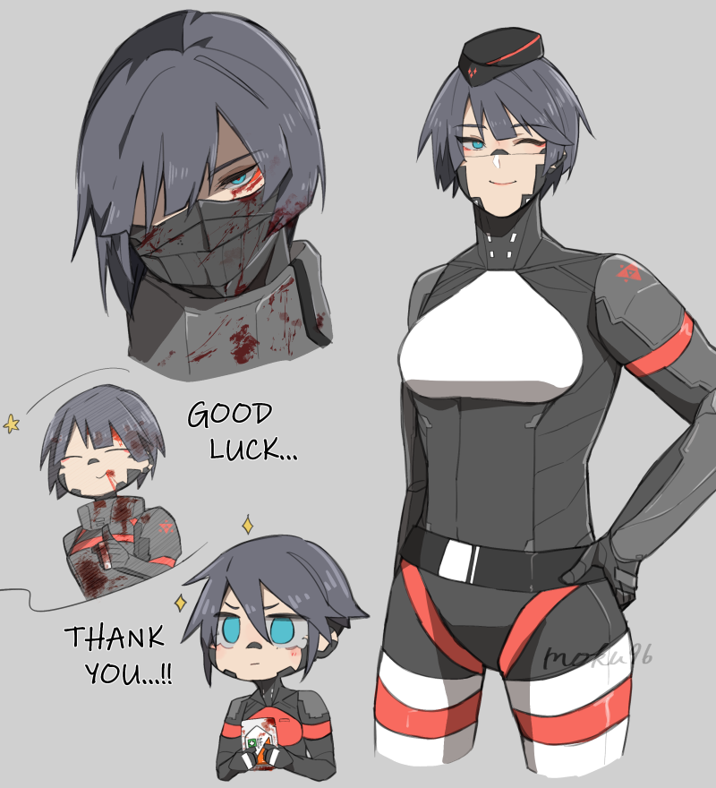2girls, ;), android, artist_name, black_hat, blood, blood_on_face, blue_eyes