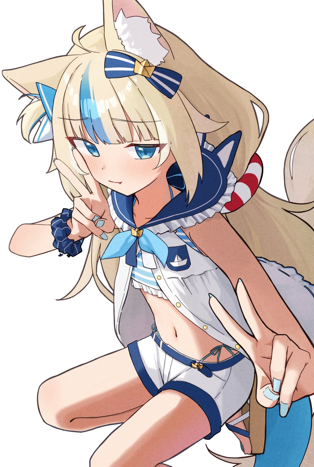 1girl, ahoge, animal_ear_fluff, animal_ears, bare_shoulders, bikini, bikini_under_clothes, blonde_hair