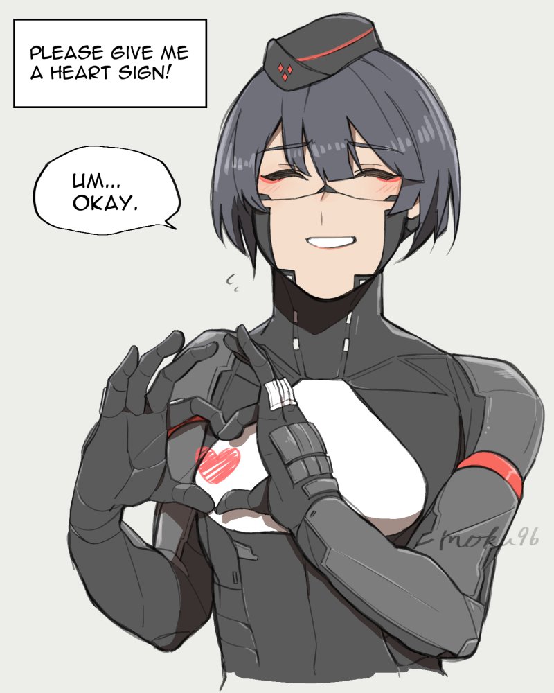 1girl, android, artist_name, black_hair, black_hat, closed_eyes, facing_viewer, grin