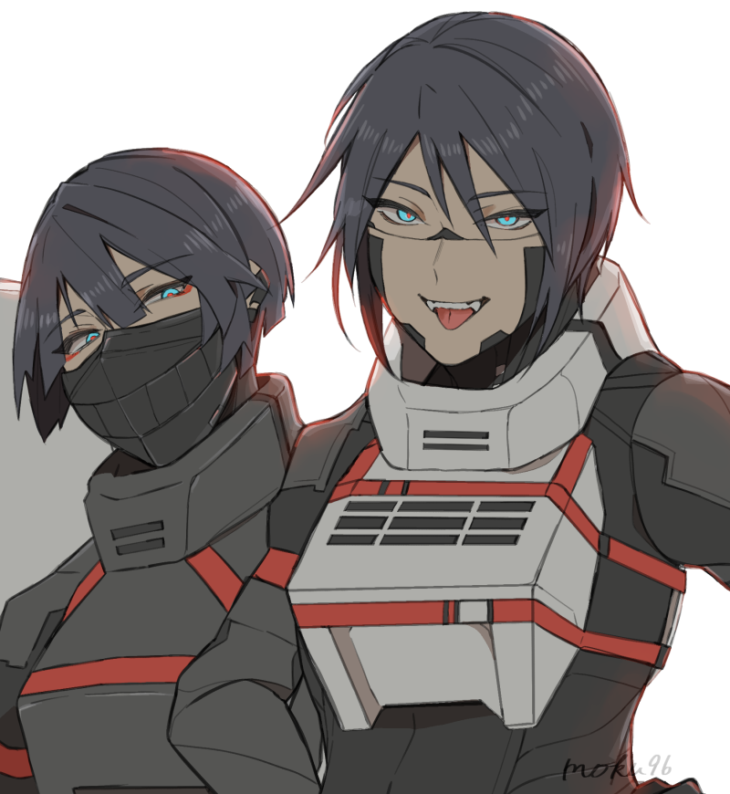 2girls, android, black_hair, covered_mouth, fangs, looking_at_viewer, mask, moku96