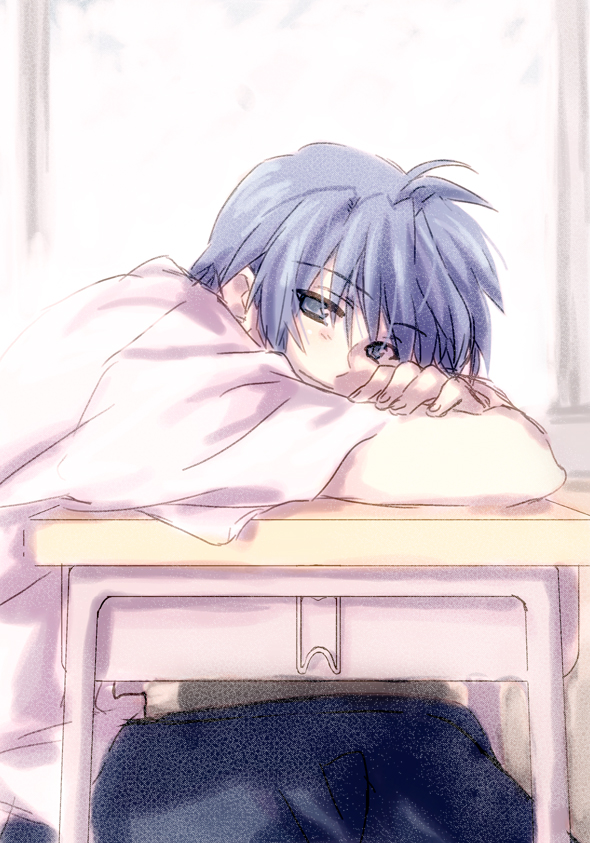 blue_eyes, blue_hair, clannad, desk, ikuhashi_muiko, male, okazaki_tomoya, school_uniform, smile, solo