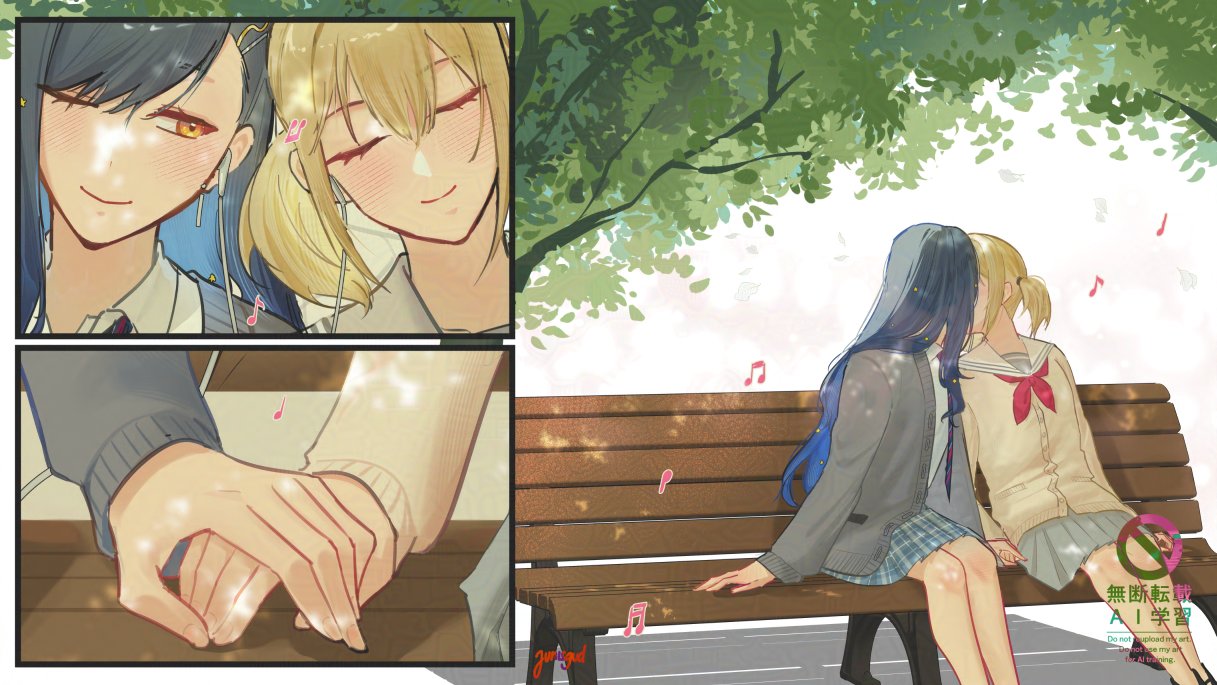 2girls, azusawa_kohane, blonde_hair, blue_skirt, brown_cardigan, cardigan, closed_eyes, closed_mouth