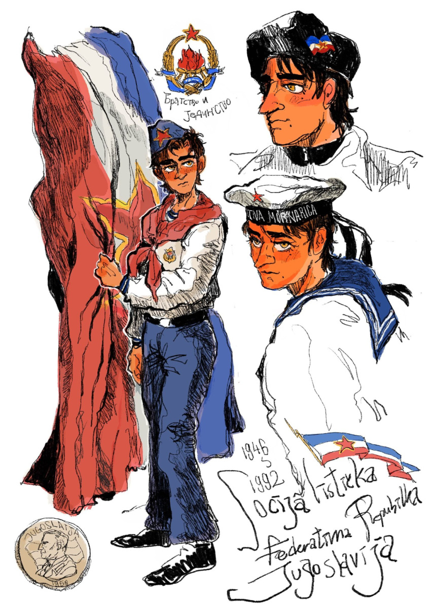 1boy, belt, beret, black_belt, black_hair, black_hat, blue_pants, blue_sailor_collar